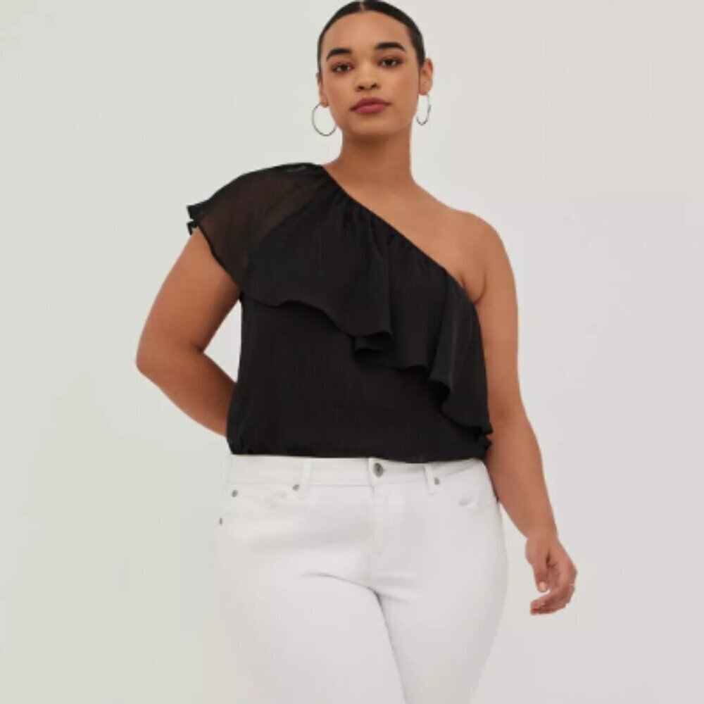 TORRID | One-Shoulder Ruffle Blouse - Crinkle Chiffon & Lurex Black Top | Sz. 4X